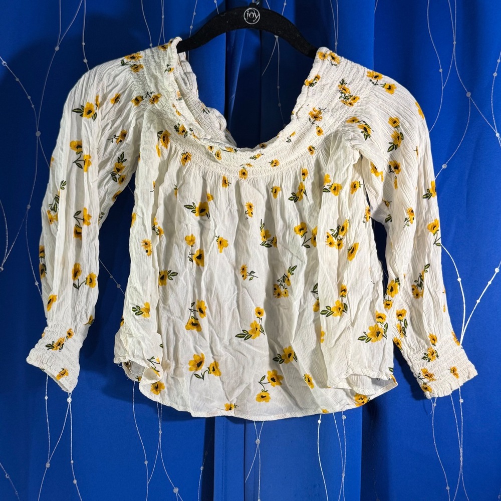 Rewind womans Off Shoulder Smocked Floral Blouse Long Sleeve White‎ Yellow S